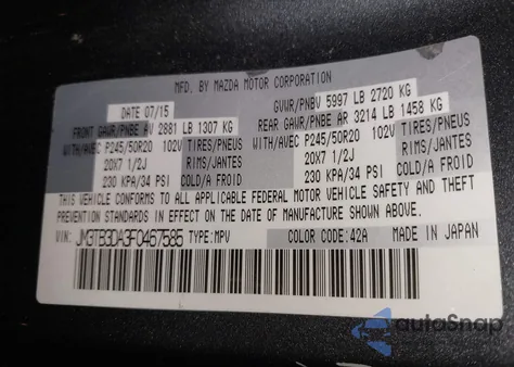 2015 Mazda Cx-9 Grand Touring from USA, damaged, VIN JM3TB3DA3F0467585